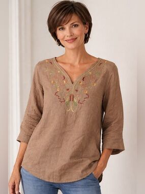 PORTOFINO 100% Linen Embroidered Blouse